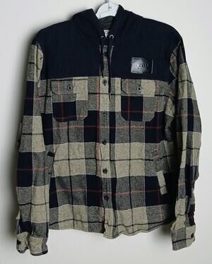 Techstyles Men Large Padded Flannel Button Hoodie Plaid Shacket Jacket Brown L